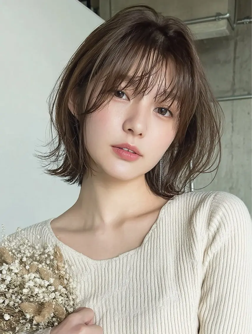 ミディアム ボブ シースルーバング 外ハネヘア パーソナルカラー診断 骨格診断 川野 龍一のヘアスタイル