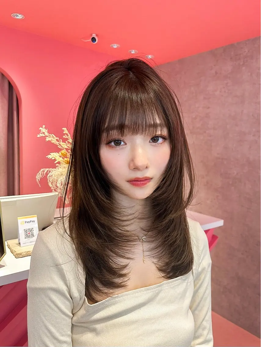 ミディアム カラー 顔周りカット レイヤーカット 山崎/ボブ縮毛矯正 レイヤー髪質改善のヘアスタイル