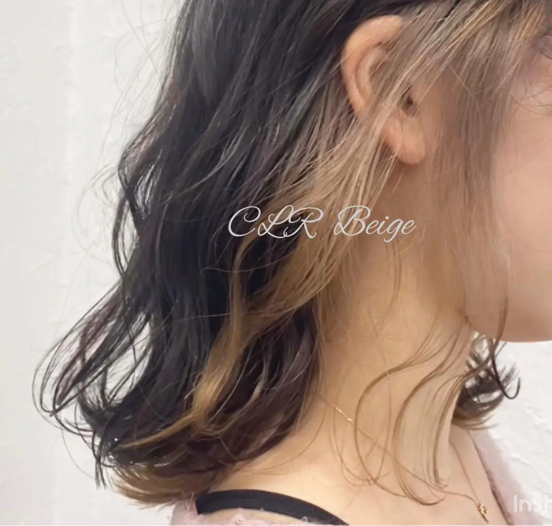 ミディアム カラー バレイヤージュ ミストバング ベージュカラー 黒髪 ブリーチ 脱！黒髪 ダブルカラー【上野】のヘアスタイル