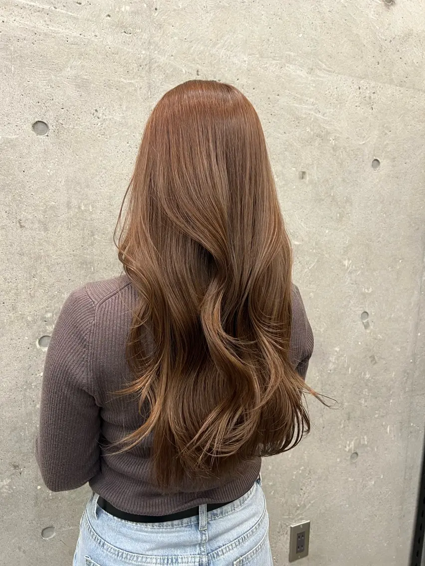 ロング カラー 透明感カラー オレンジ 縮毛矯正 ムツキ/品のある 艶カラー/縮毛矯正のヘアスタイル