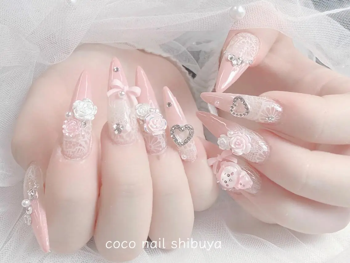 ネイル 成人式 大理石ネイル(マーブル) リボン 夏ネイル ネイルチップ ハンドネイル Mi Na Nail Salonのネイルデザイン