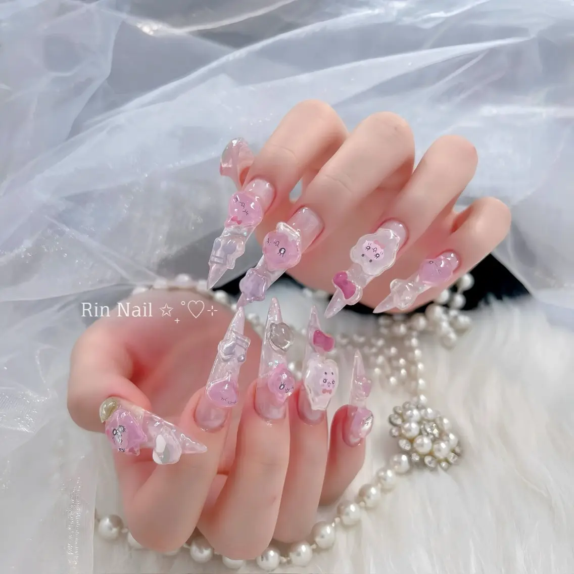 ネイル オーロラネイル チークネイル 桜ネイル クリアネイル ドット ハンドネイル Rin Nail Shinokuboのネイルデザイン