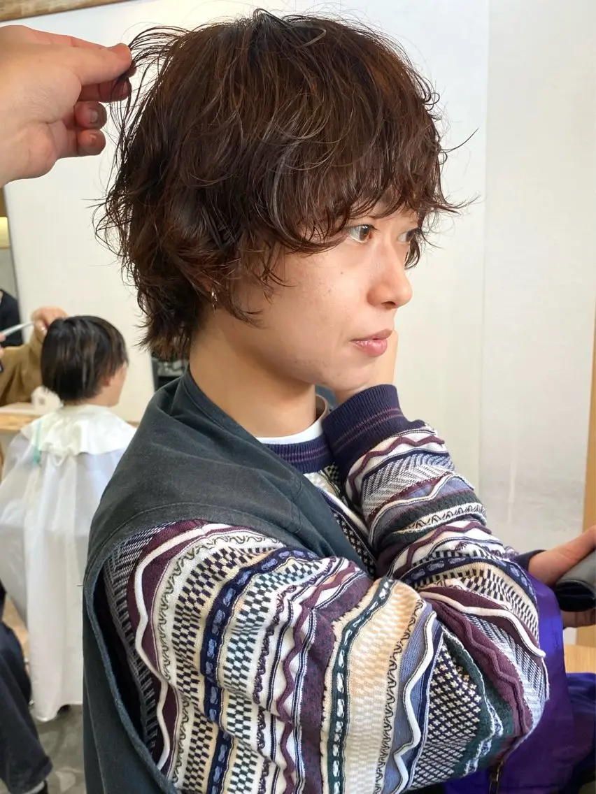 ショート パーマ ショートヘア ウルフカット ニュアンスパーマ 森貴裕/ベージュ/ パーマ/オリーブのヘアスタイル