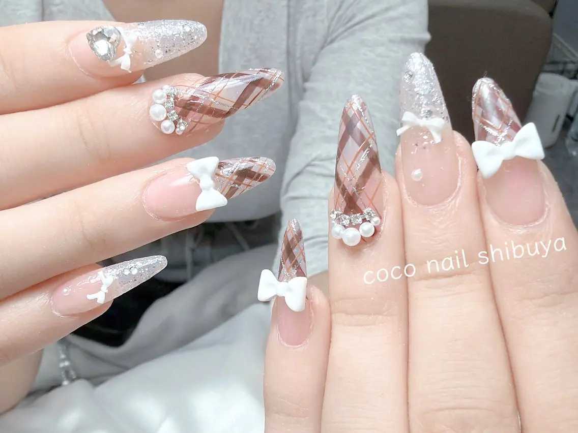 ネイル 成人式 大理石ネイル(マーブル) リボン 夏ネイル ネイルチップ ハンドネイル Mei Salon 長さ出し専門店のネイルデザイン