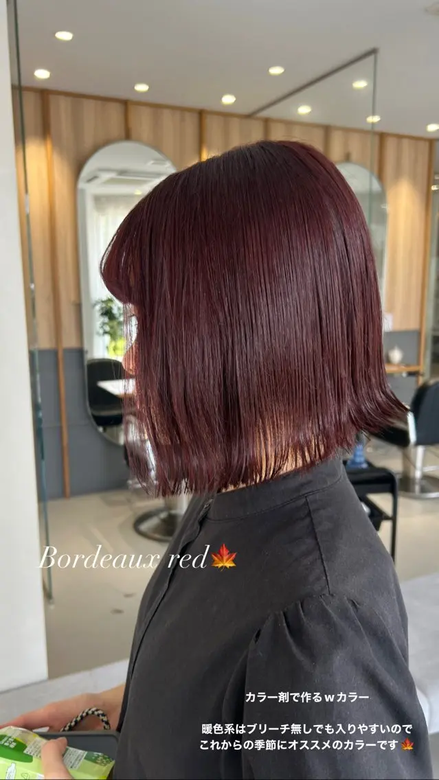 ミディアム カラー ブリーチ ボルドーカラー ブリーチなしカラー 🦄Rena 🦄のヘアスタイル