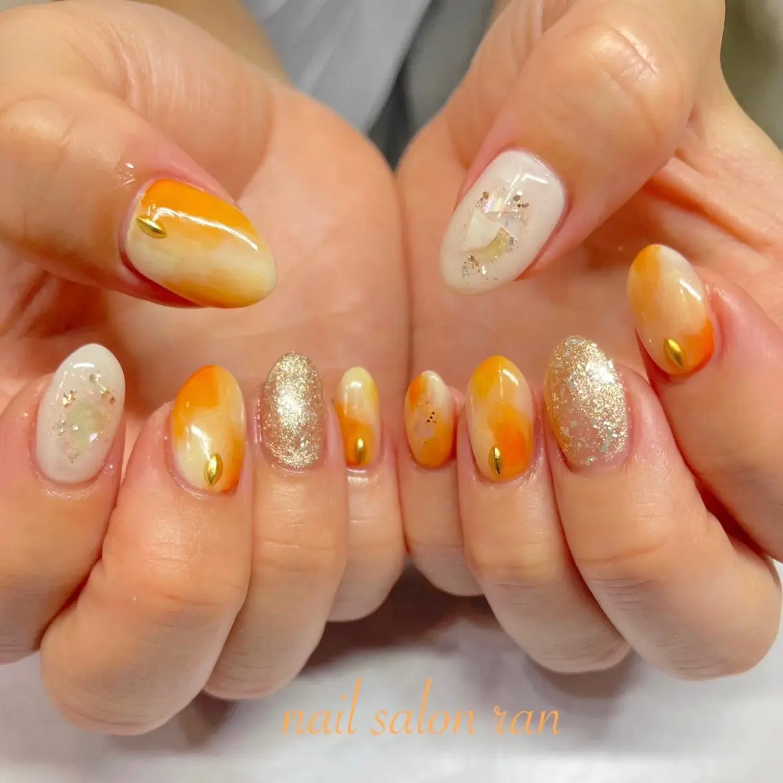 ネイル ゴールド ラメ(グリッター) オレンジ ハンドネイル ハンドケア nailsalon ranのネイルデザイン