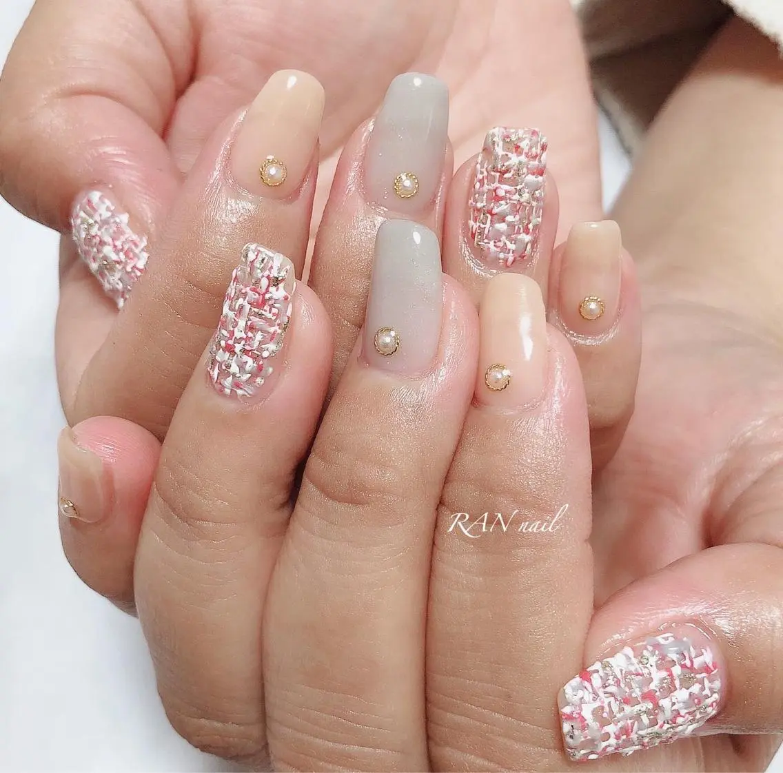 ネイル ジェルネイル ニュアンスネイル オフィスネイル ピンク ツイードネイル ハンドネイル フットネイル RAN nailのネイルデザイン