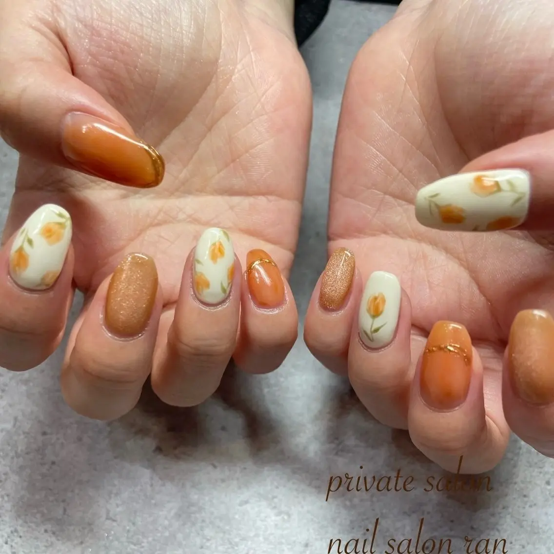 ネイル マグネットネイル ミラーネイル オレンジ ハンドネイル ハンドケア nailsalon ranのネイルデザイン