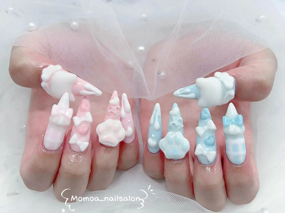 ネイル 成人式 大理石ネイル(マーブル) リボン 夏ネイル ネイルチップ ハンドネイル MoMoA Nail ネイル長さ出し専門店のネイルデザイン