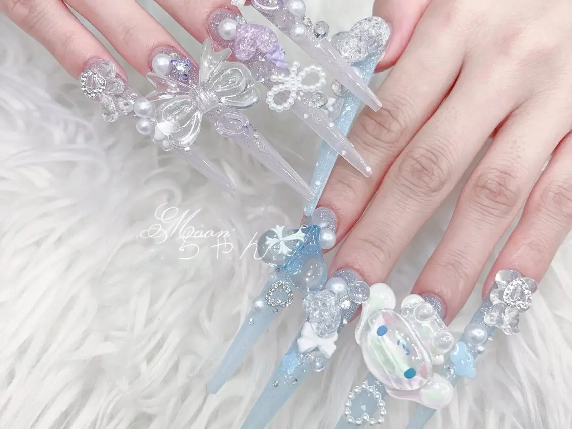 ネイル 成人式 大理石ネイル(マーブル) リボン 夏ネイル ネイルチップ ハンドネイル MoMoA Nail ネイル長さ出し専門店のネイルデザイン