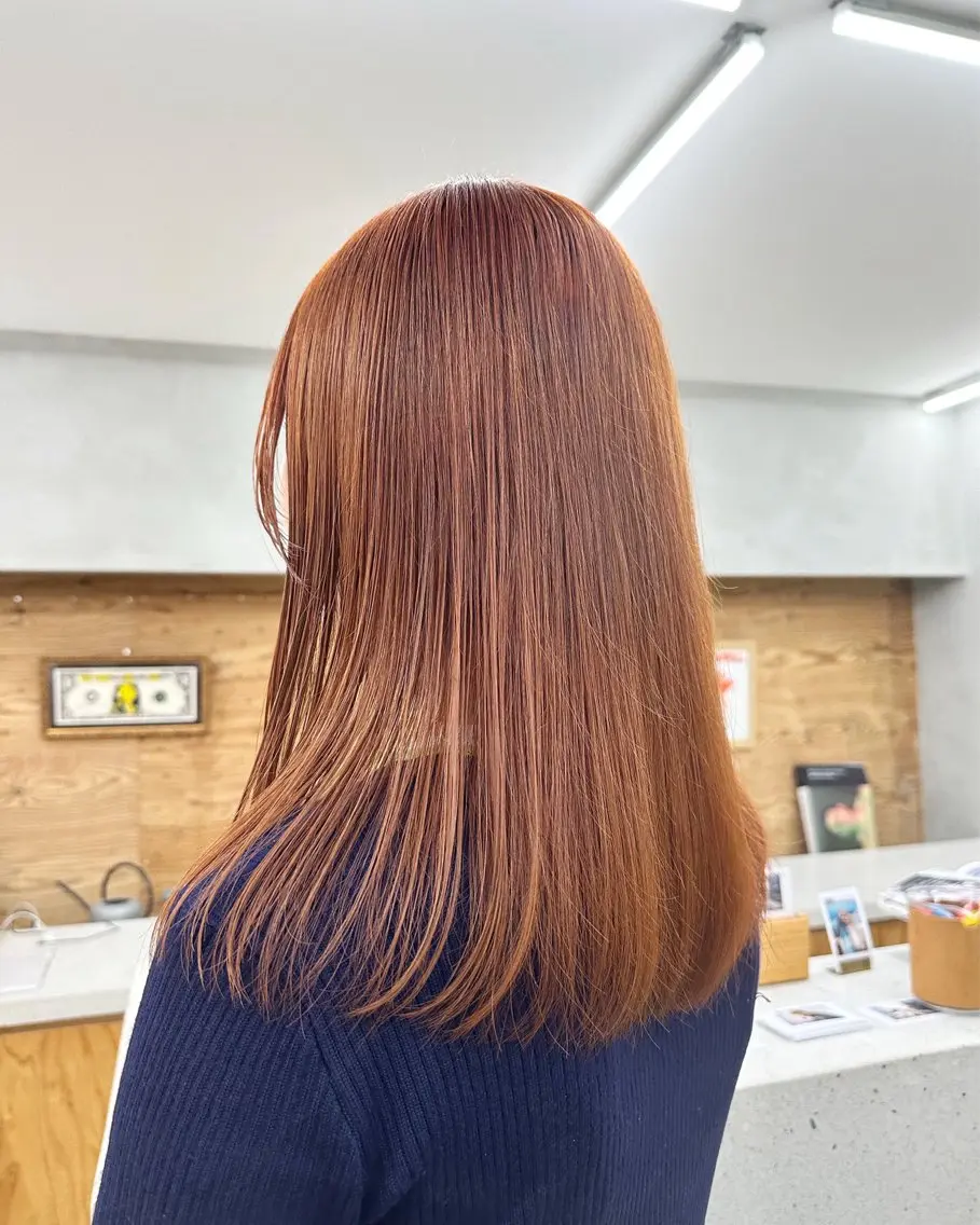 ミディアム カラー ブラウンカラー オレンジ オレンジブラウン カット ヘアカラー パーマ /レイヤー 榛地渉馬 /矢場町のヘアスタイル