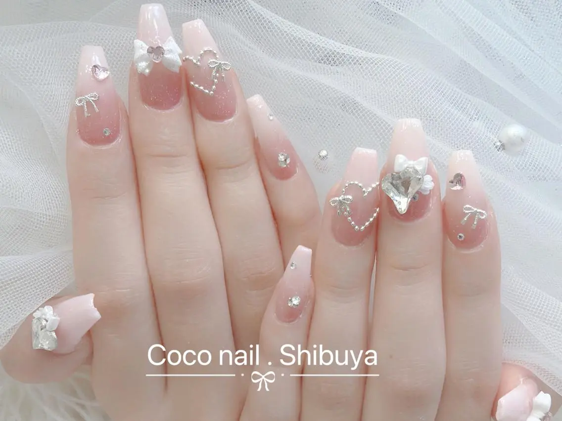 ネイル 成人式 大理石ネイル(マーブル) リボン 夏ネイル ネイルチップ ハンドネイル Min Coco nailのネイルデザイン