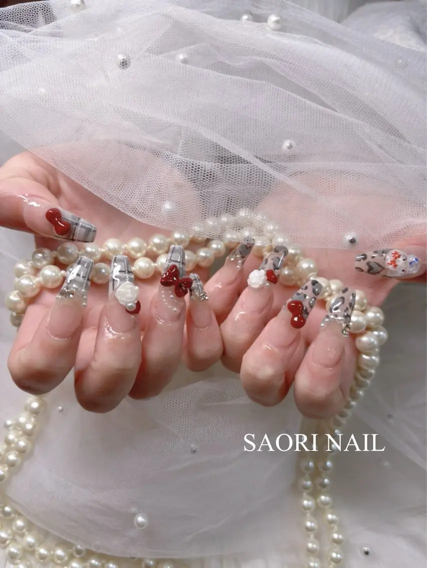 ネイル アニマル柄 アートネイル べっ甲ネイル ボルドー ジェルネイル SAORI NAIL /長さ出し専門店のネイルデザイン