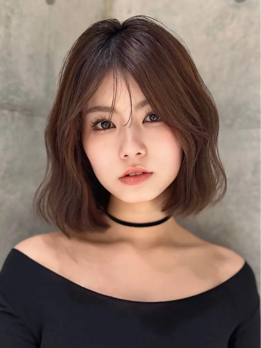 ミディアム カット ヘアカラー 縮毛矯正 トリートメント けいし🐬ボブ 美髪縮毛矯正のヘアスタイル
