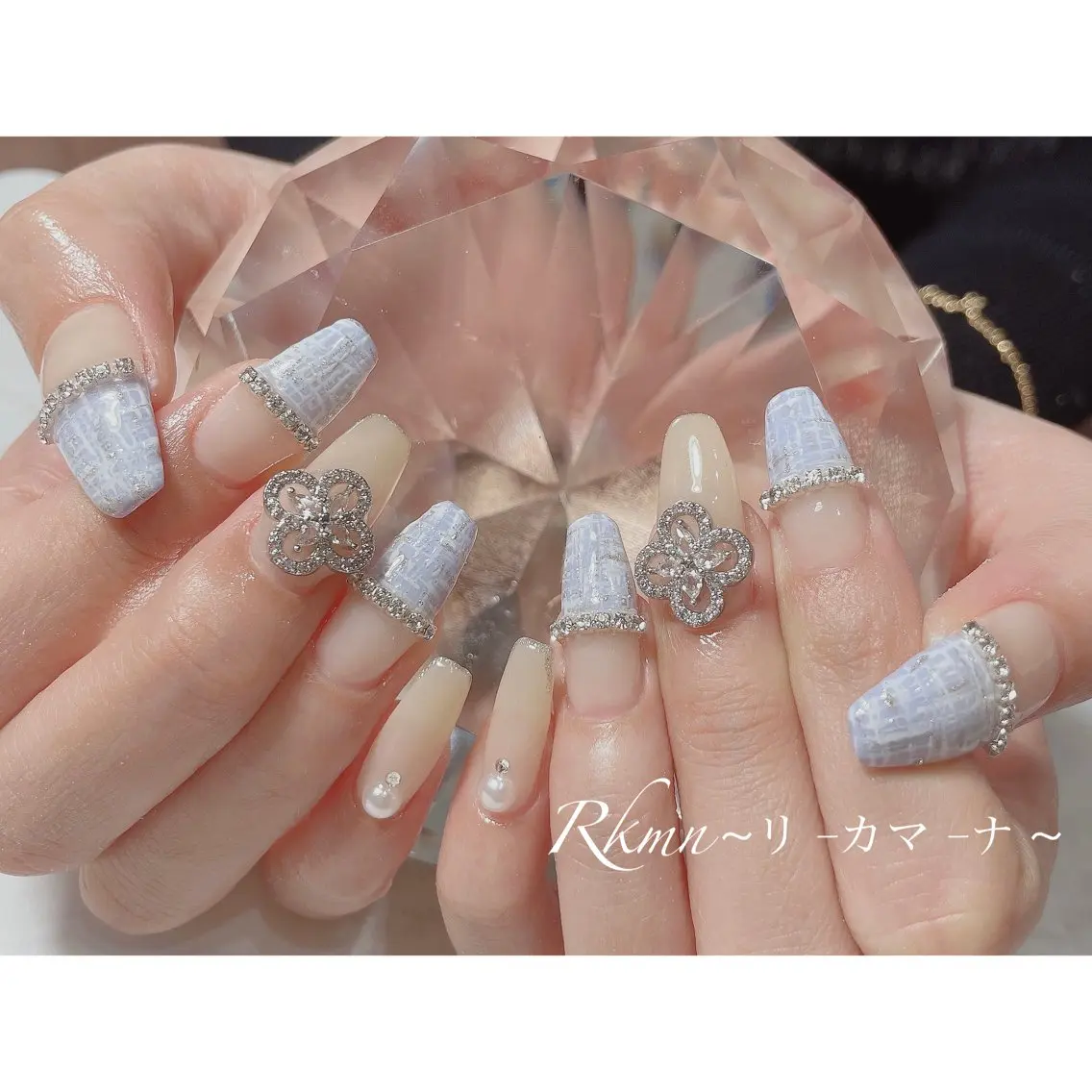 ネイル アートネイル フレンチネイル 水色 春ネイル ツイードネイル ハンドネイル フットネイル ハンドケア Rkmn ~リ-カマ-ナ~のネイルデザイン