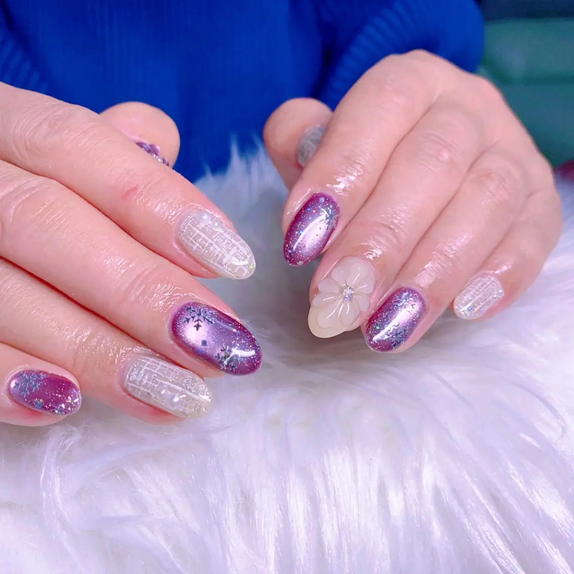 ネイル フラワーネイル マグネットネイル ぷっくりネイル 冬ネイル ハンドネイル Nail Yunaのネイルデザイン