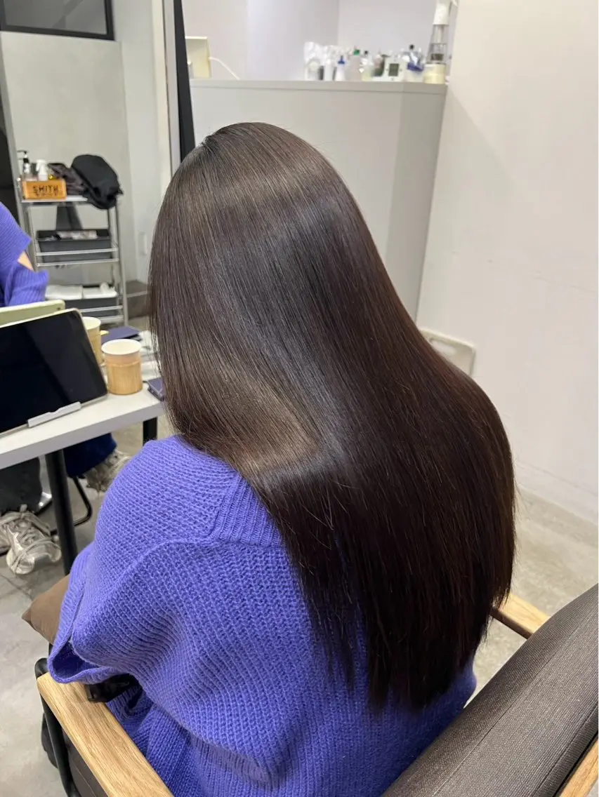 ロング パーマ 髪質改善 レイヤーカット 縮毛矯正 トリートメント 酸性ストレート 縮毛矯正 🍒モテ暖色カラー × うる艶✧ ゆなのヘアスタイル