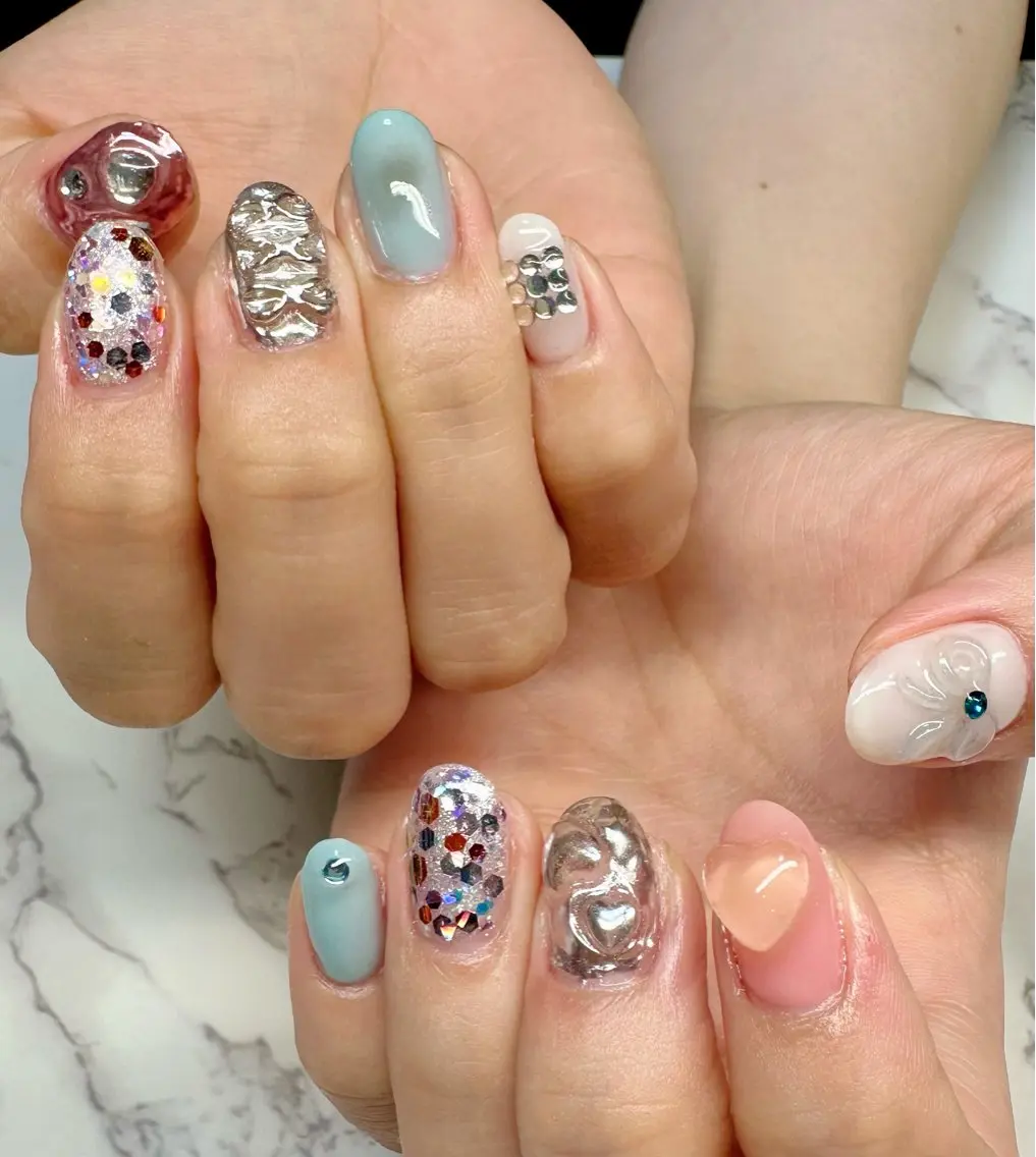 ネイル ハート キラキラネイル マグネットネイル ミラーネイル ニュアンスネイル Mai’s nailのネイルデザイン