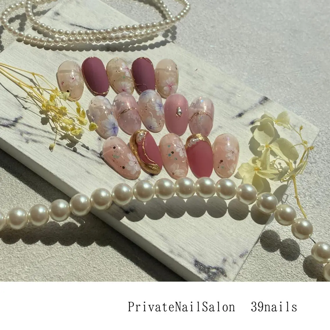 ネイル ボルドー フラワーネイル ニュアンスネイル オフィスネイル ピンク 39-nails EharaMikuのネイルデザイン