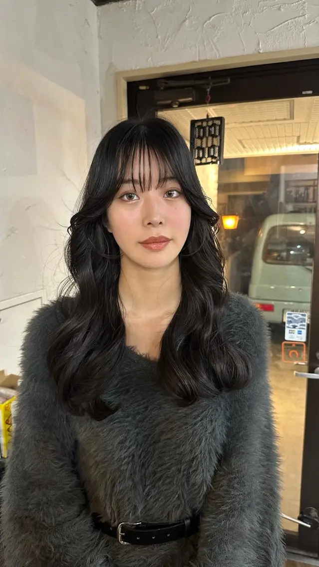 ロング カラー グレージュ ボブ くびれヘア 顔まわりレイヤー 顔周りカット カット ヘアカラー トリートメント 韓国レイヤー柔らかい 地毛風縮毛矯正/マツのヘアスタイル