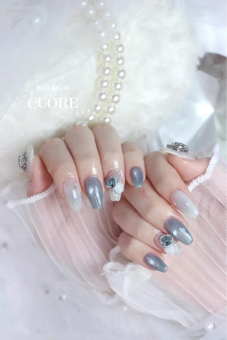 ネイル ブルー チークネイル ハート マグネットネイル 春ネイル ハンドネイル nail salon CUOREのネイルデザイン