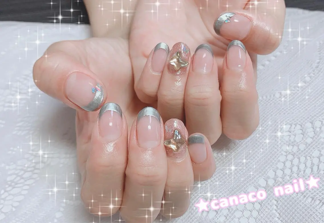 ネイル アートネイル フレンチネイル ジェルネイル パラジェル シルバー ハンドネイル ハンドケア ベテランネイル cnc nailのネイルデザイン