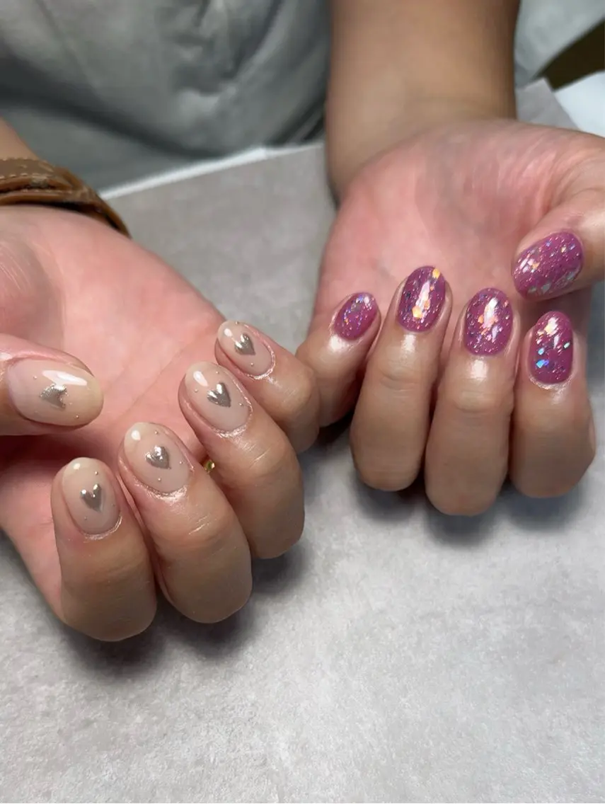 ネイル オーロラネイル ハート ピンク パープル シルバー ハンドネイル Monica nails/福島のネイルデザイン
