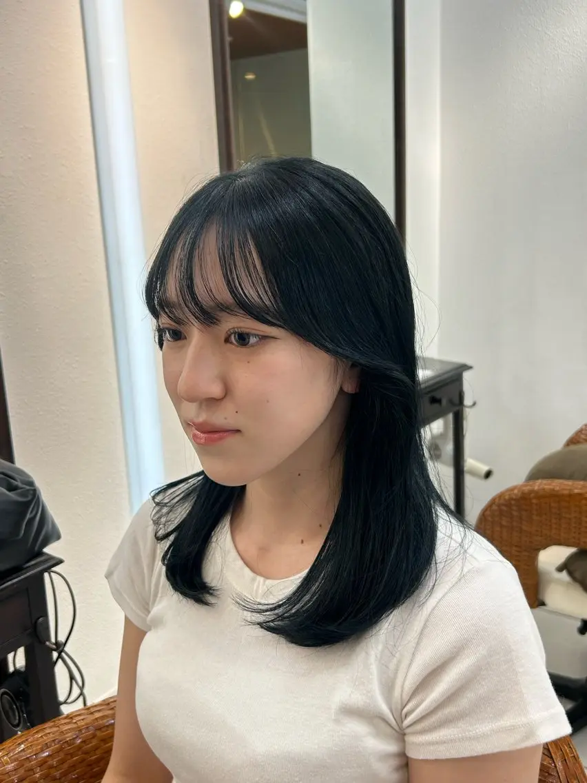 ミディアム カラー ヘアアレンジ 黒髪 ブルーカラー ブルーブラック 🌼REINA 🌼韓国ボブ🌼赤坂のヘアスタイル
