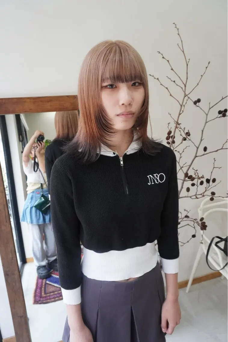 ミディアム カラー パーマ ヘアアレンジ ベージュカラー 黒髪 ブリーチ ブラウンカラー ダークブラウン デザインカラー/ボブ ブリーチカラー/ユリのヘアスタイル