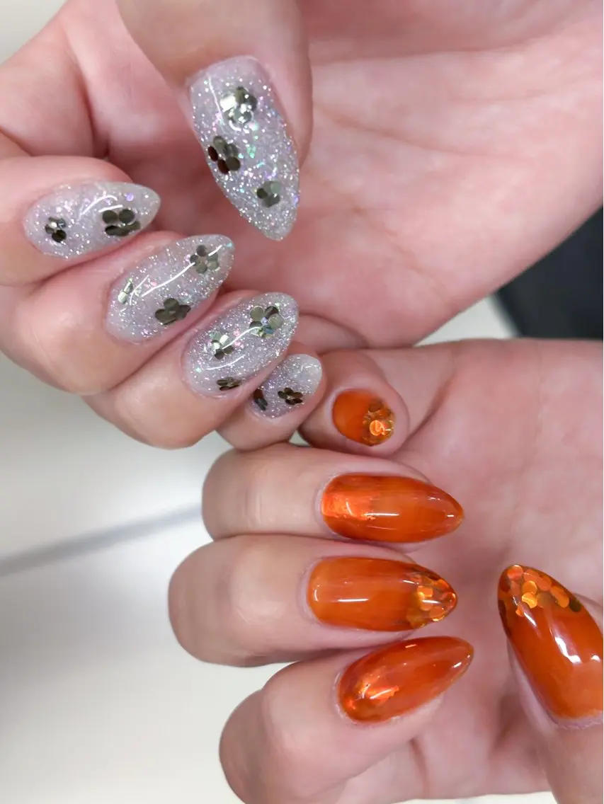 ネイル フラッシュネイル フレンチネイル ホログラムネイル ミラーネイル オレンジ ハンドネイル nail salon Ecloreのネイルデザイン