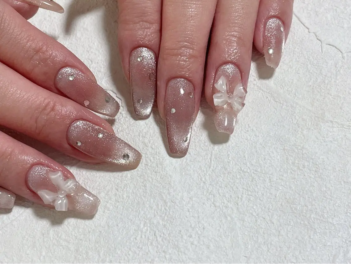 ネイル ジェルネイル マグネットネイル パラジェル リボン バレンタイン kiki nail &brow二子玉川のネイルデザイン