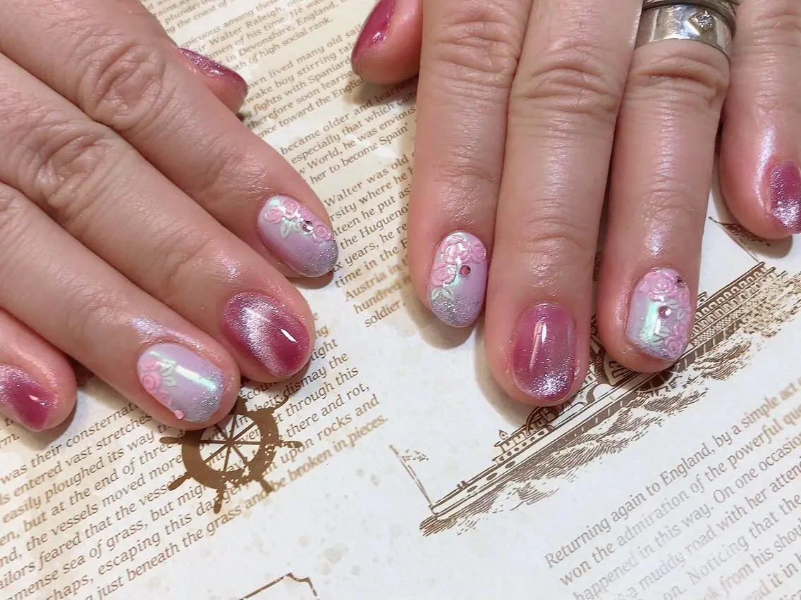 ネイル オーロラネイル マグネットネイル ピンク Nail cottageのネイルデザイン