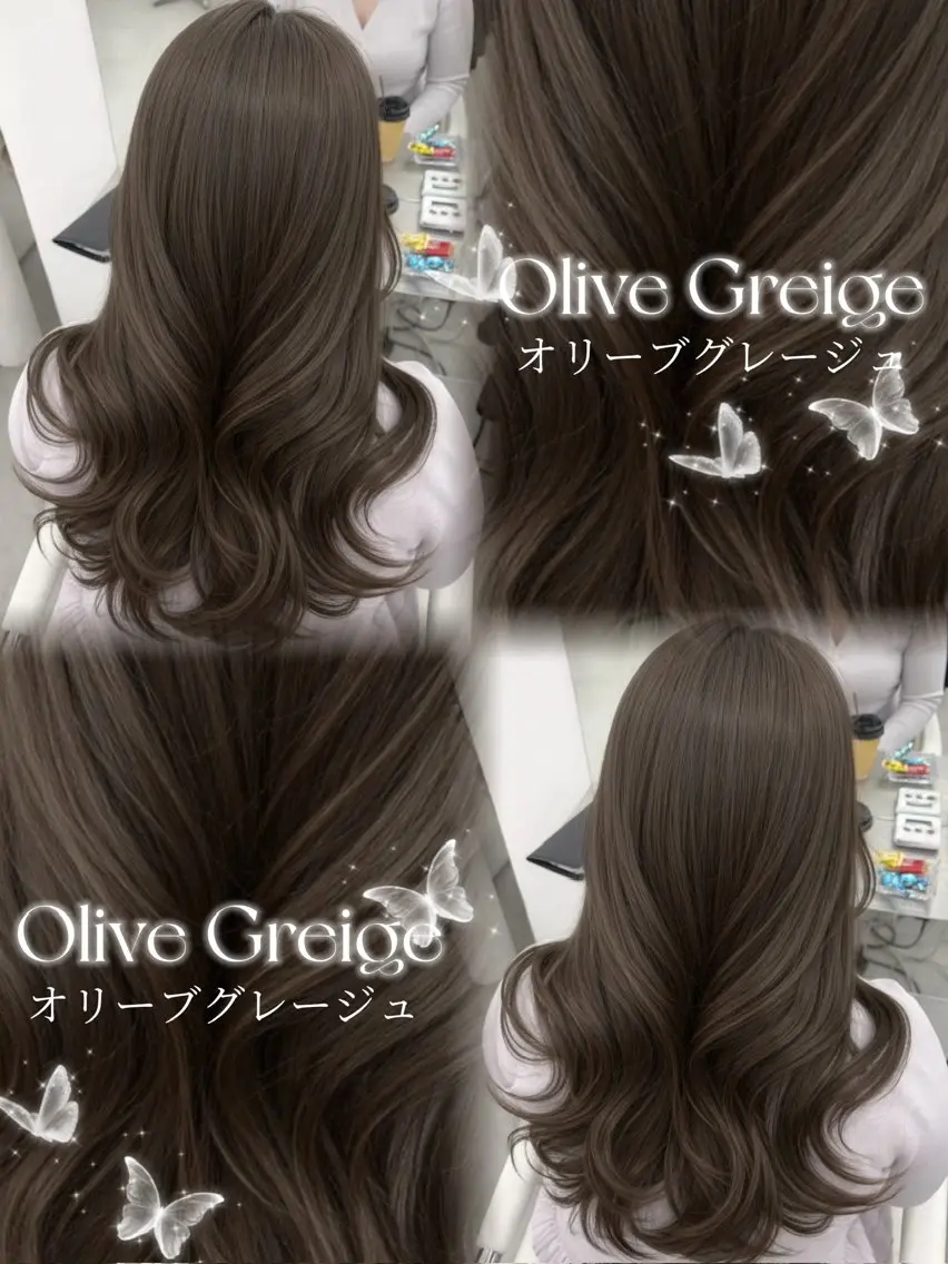 カラー 透明感カラー グレージュ オリーブグレージュ オリーブグレー オレンジ ヘアカラー 韓国ヘア／レイヤー／ 顔周り🎀もかのヘアスタイル