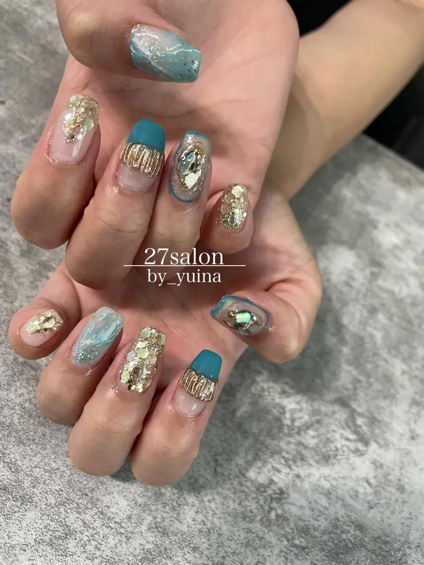 ネイル 水色 夏ネイル ハンドネイル 27salon yuinaのネイルデザイン