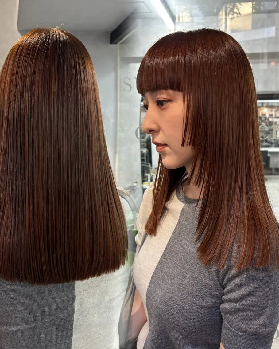 セミロング カラー オレンジ カット ヘアカラー ボブ×レイヤーカット 透明感カラー/Fuuのヘアスタイル