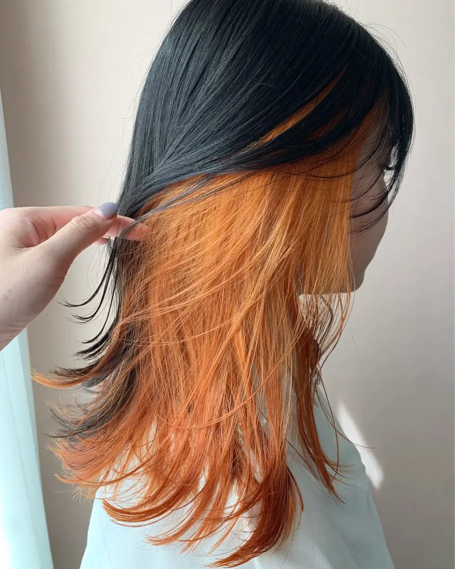 ロング カラー ブリーチ インナーカラー オレンジ hubhair レイヤー/透明感のヘアスタイル