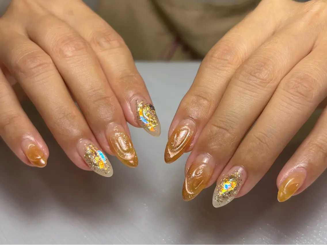ネイル キラキラネイル オレンジ ハンドネイル Monart♡ あいりのネイルデザイン