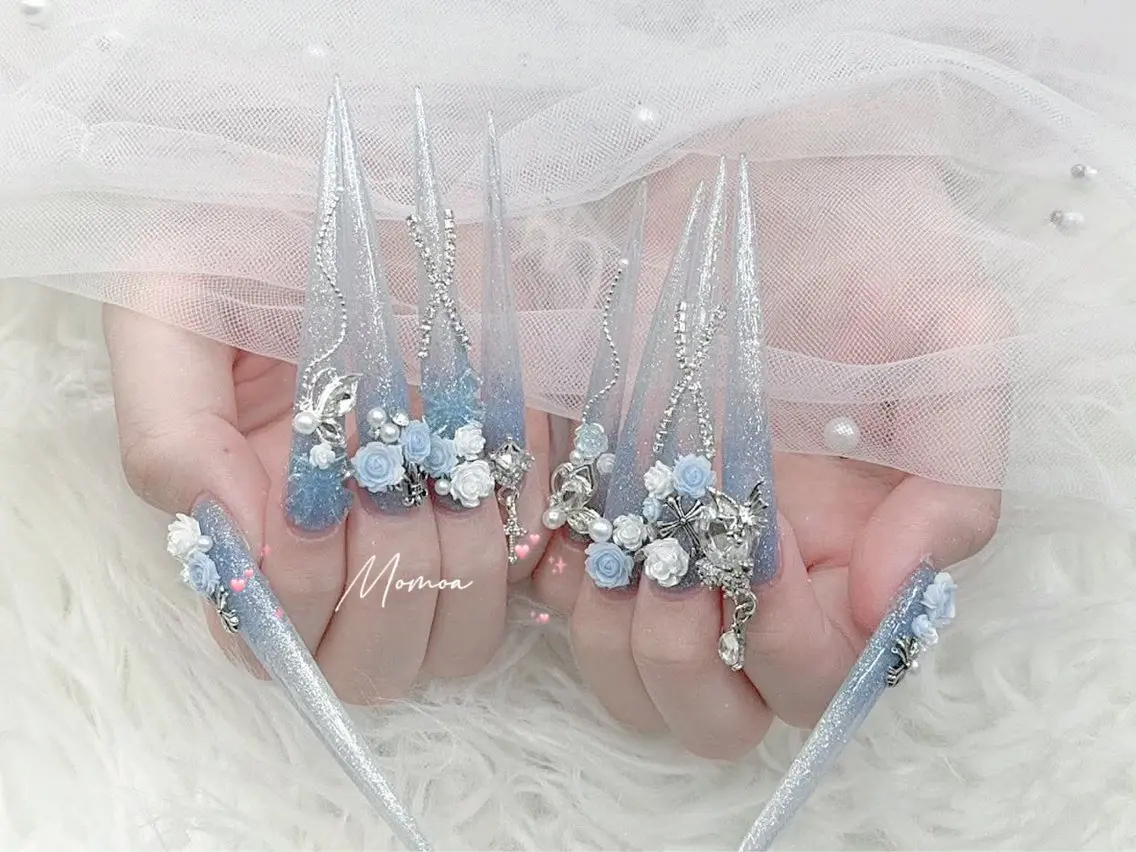 ネイル 成人式 大理石ネイル(マーブル) リボン 夏ネイル ネイルチップ ハンドネイル MoMoA Nail ネイル長さ出し専門店のネイルデザイン