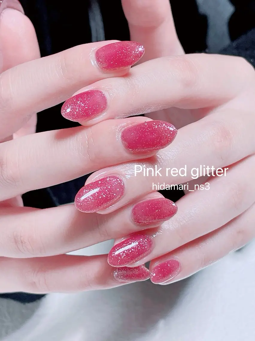 ネイル ラメ(グリッター) ワンカラーネイル ピンク 赤色 ハンドネイル NailSalon ひだまりのネイルデザイン