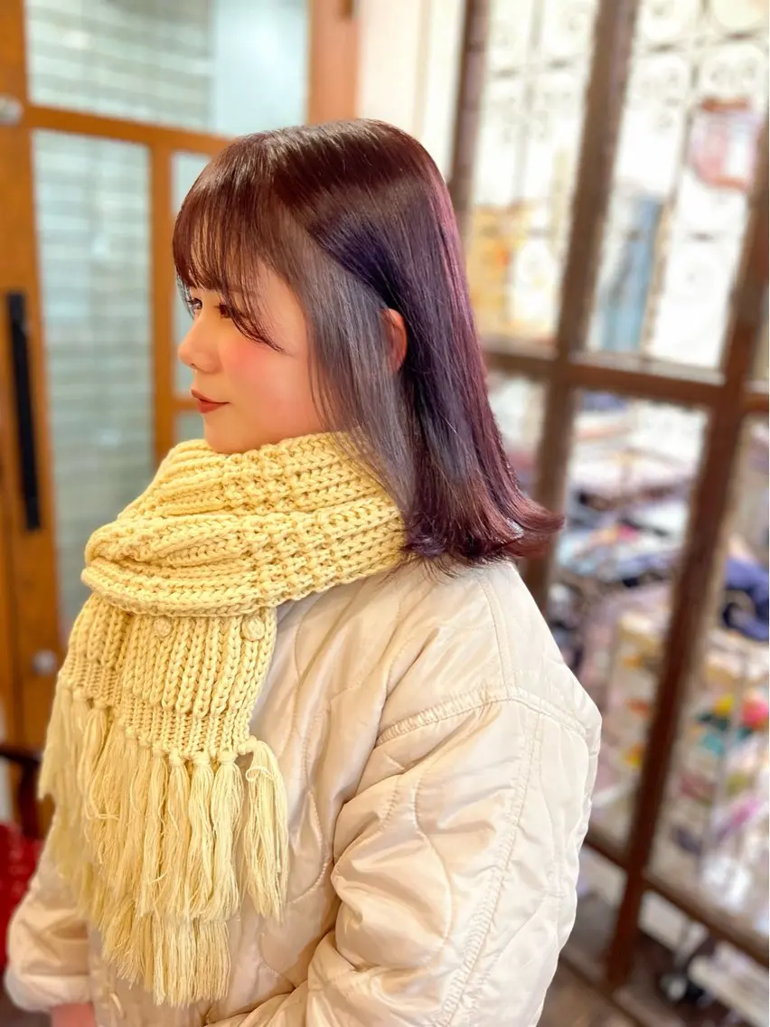 セミロング カラー イヤリングカラー インナーカラー パープルカラー PON　ハイトーン ショートカット心斎橋のヘアスタイル