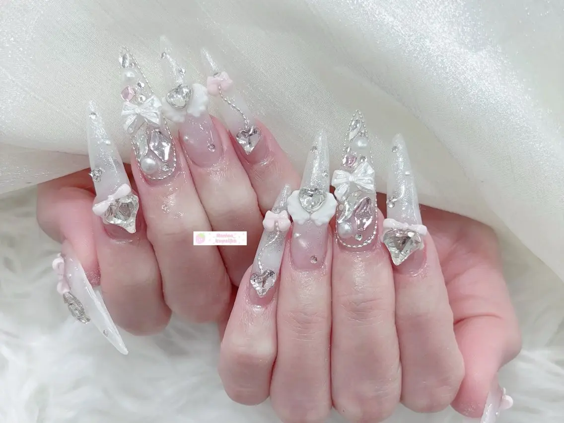 ネイル 成人式 マグネットネイル 大理石ネイル(マーブル) リボン 夏ネイル ハンドネイル MoMoA Nail ネイル長さ出し専門店のネイルデザイン