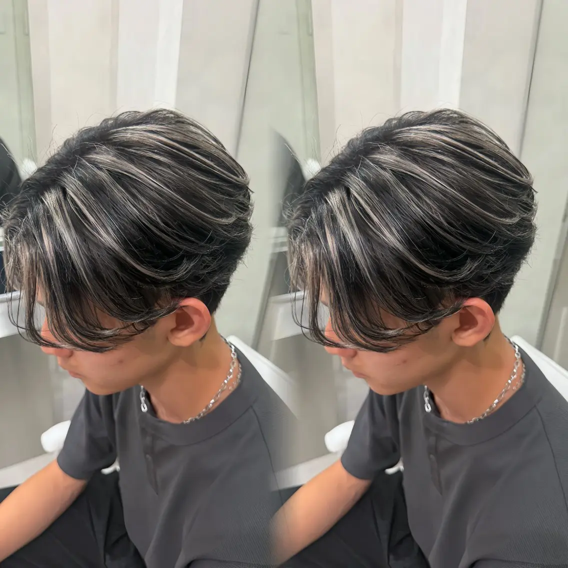 カラー メンズ センターパート メンズハイライト ハイライトカラー シルバー ホワイトシルバー ヘアカラー 原宿/ハイライト バレイヤージュ/大智のヘアスタイル
