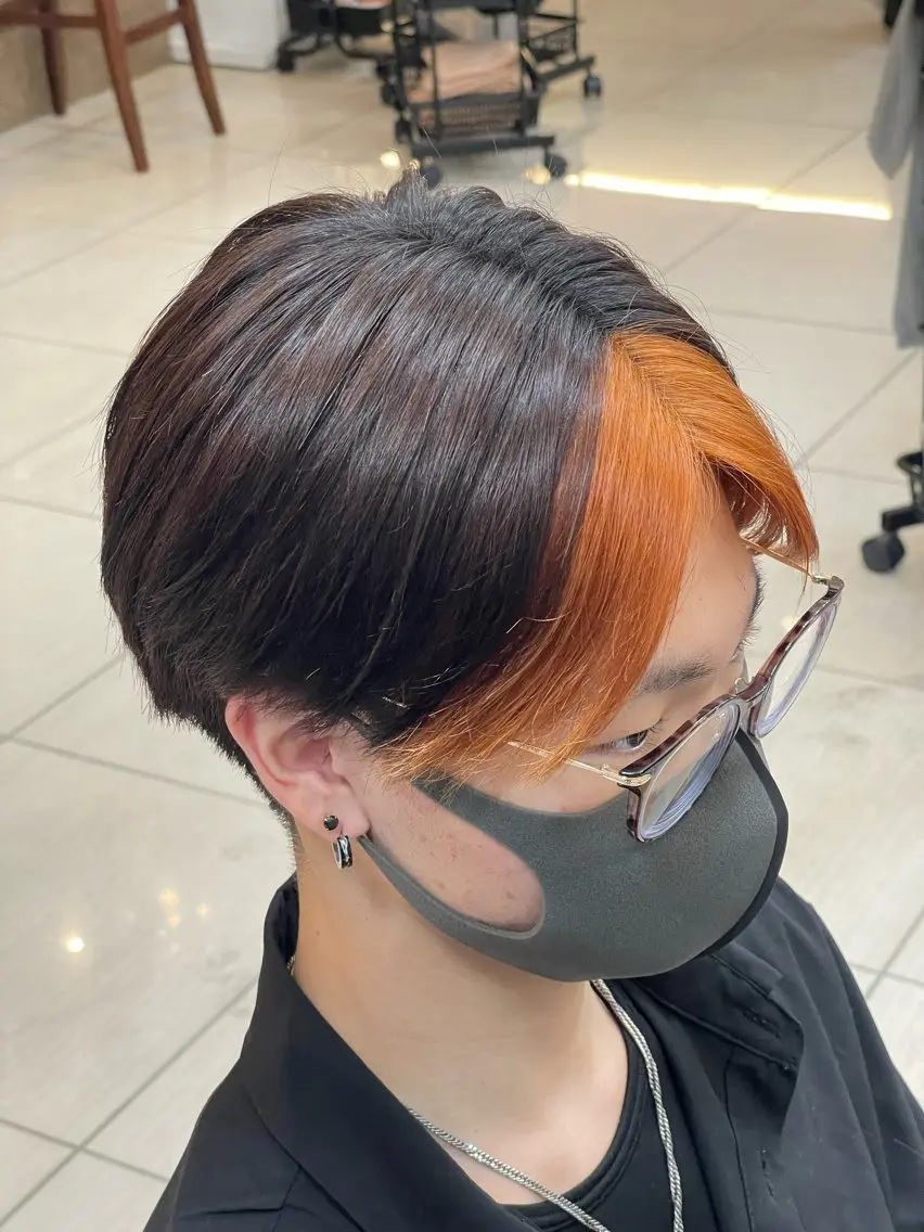 ショート カラー ブリーチ ケアブリーチ ダブルカラー インナーカラー オレンジ ヘアカラー トリートメント ダブルカラー/ 髪質改善💎安藤のヘアスタイル