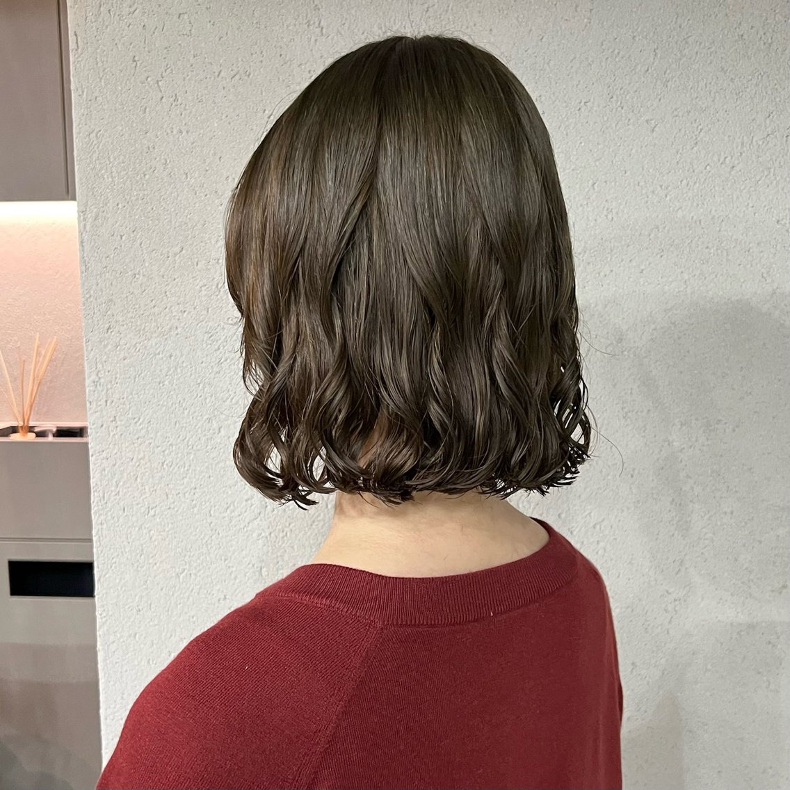 ミディアム カラー パーマ ミディアムパーマ ベージュカラー オリーブベージュ ボブ デジタルパーマ カット ヘアカラー パーマ akane/オリーブ /ボブパーマのヘアスタイル