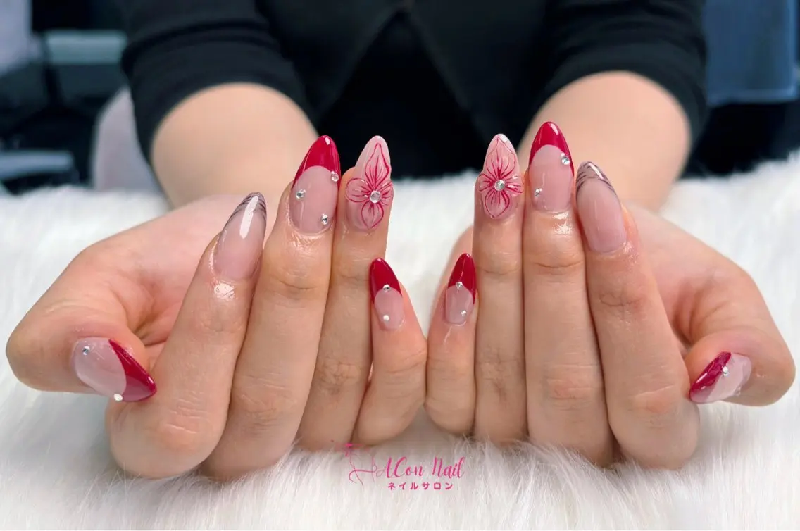 ネイル 桜ネイル 長さ出し フラワーネイル フレンチネイル ジェルネイル ハンドネイル ACon NailSalonのネイルデザイン