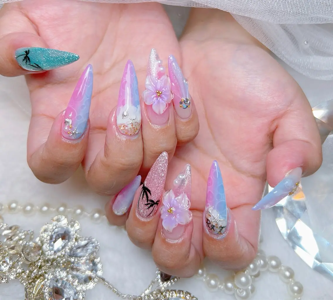 ネイル アートネイル オーロラネイル チークネイル 長さ出し フットネイル Miya _nailのネイルデザイン