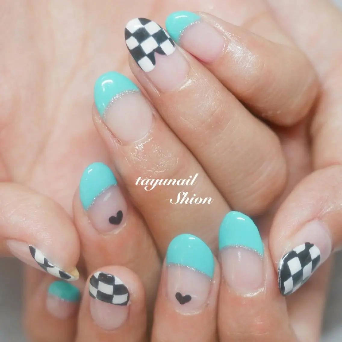 ネイル ブルー フレンチネイル ジェルネイル グリーン ハート ネイルサロン 【たゆnail】のネイルデザイン