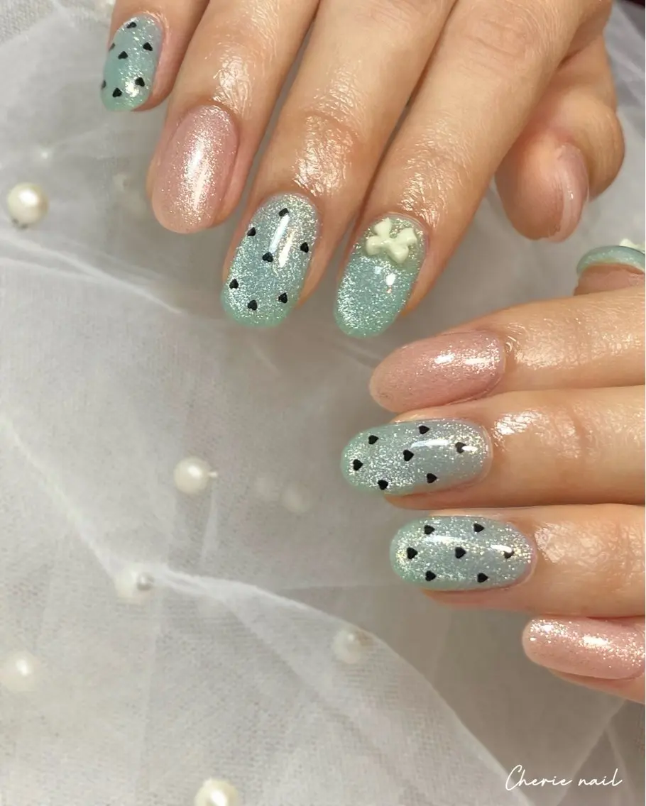 ネイル ジェルネイル ハート ラメ(グリッター) 水色 マグネットネイル ハンドネイル Cherienail yunaのネイルデザイン