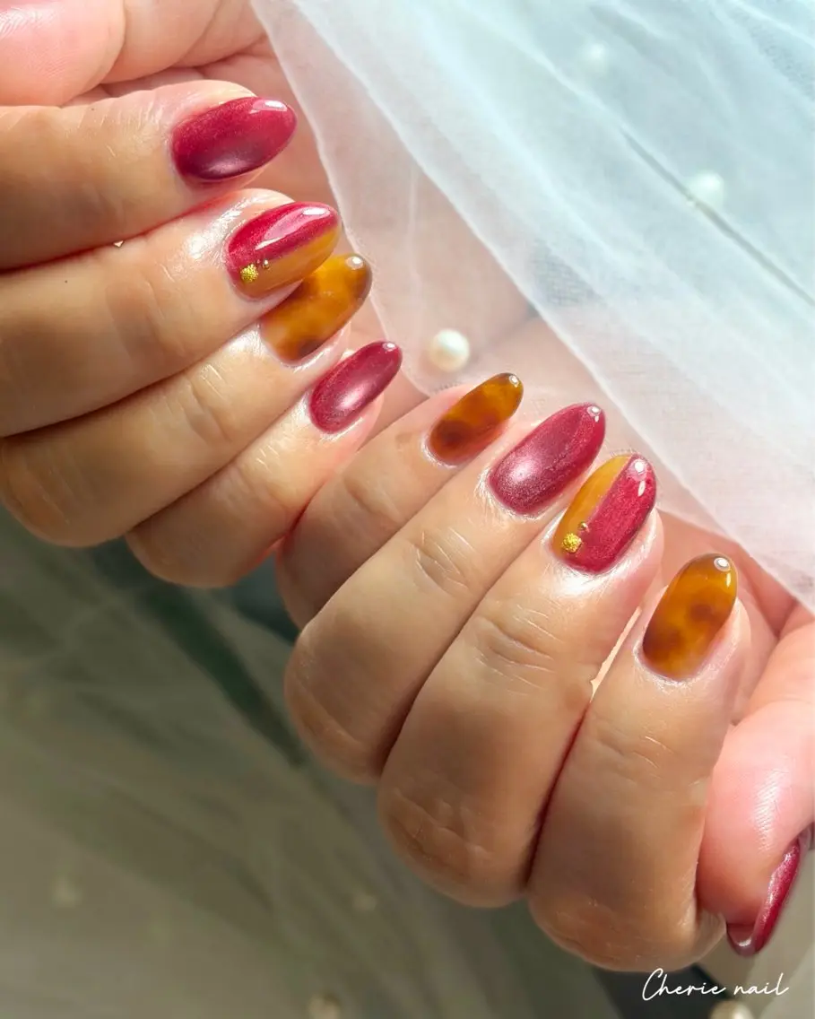 ネイル べっ甲ネイル ボルドー ブラウン ジェルネイル マグネットネイル ハンドネイル Cherienail yunaのネイルデザイン
