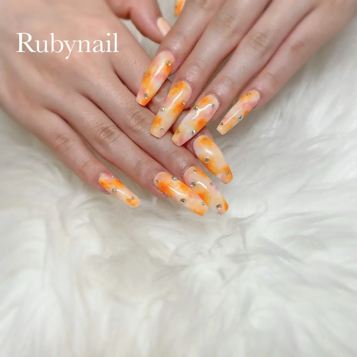 ネイル ロングネイル オレンジ ピンク 夏ネイル プライベートサロン Rubynailのネイルデザイン